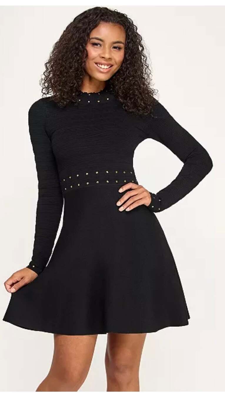 BCX Dress Black Ribbed Knit Fit & Flare Dress Gold Studded Mock Neck Sz L